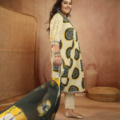 Stylum Women's Plus Size Teal Bandhej Printed & Embroidered Cotton A-Line Kurta Pant Dupatta Set (KPDTEALMISHRIPLUS)