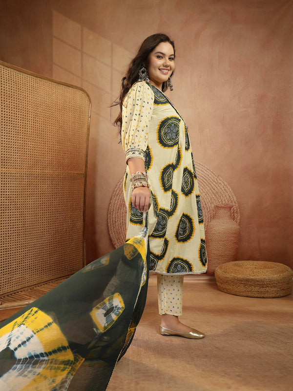 Stylum Women's Plus Size Teal Bandhej Printed & Embroidered Cotton A-Line Kurta Pant Dupatta Set (KPDTEALMISHRIPLUS)