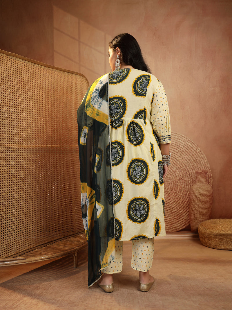 Stylum Women's Plus Size Teal Bandhej Printed & Embroidered Cotton A-Line Kurta Pant Dupatta Set (KPDTEALMISHRIPLUS)