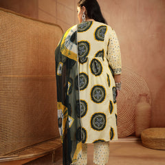 Stylum Women's Plus Size Teal Bandhej Printed & Embroidered Cotton A-Line Kurta Pant Dupatta Set (KPDTEALMISHRIPLUS)