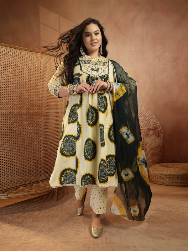 Stylum Women's Plus Size Teal Bandhej Printed & Embroidered Cotton A-Line Kurta Pant Dupatta Set (KPDTEALMISHRIPLUS)