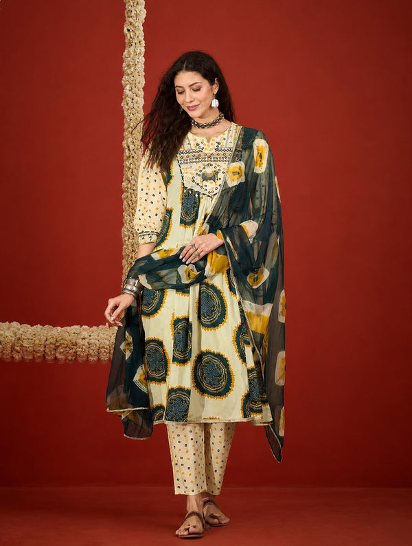Stylum Women's Teal Bandhej Printed Cotton A-Line Kurta Pant Dupatta Set (KPDTEALMISHRI)