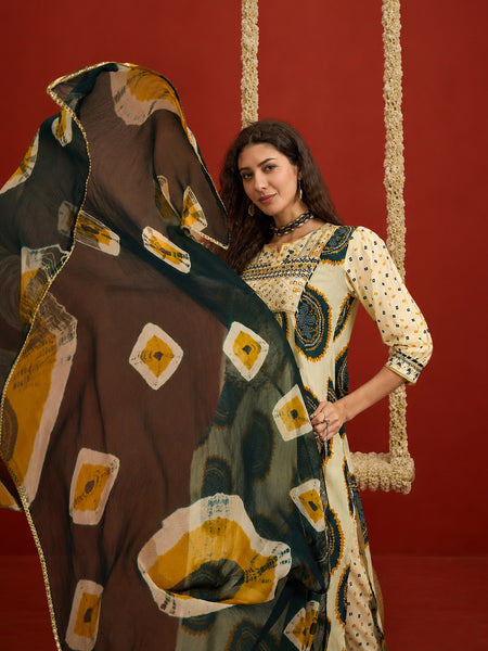 Stylum Women's Teal Bandhej Printed Cotton A-Line Kurta Pant Dupatta Set (KPDTEALMISHRI)