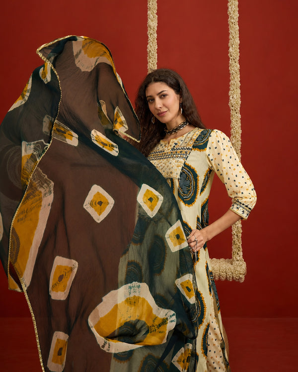 Stylum Women's Teal Bandhej Printed Cotton A-Line Kurta Pant Dupatta Set (KPDTEALMISHRI)