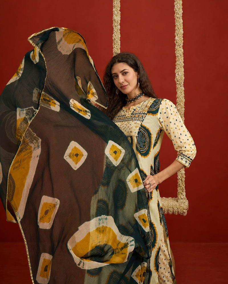 Stylum Women's Teal Bandhej Printed Cotton A-Line Kurta Pant Dupatta Set (KPDTEALMISHRI)