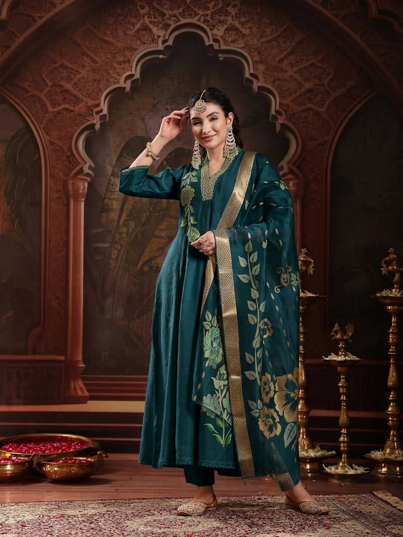Stylum Women's Teal Solid & Embroidered Roman Silk A-Line Kurta Pant With Dupatta (KPDTEALNAWAL)