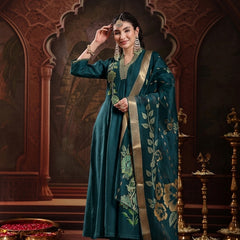 Stylum Women's Teal Solid & Embroidered Roman Silk A-Line Kurta Pant With Dupatta (KPDTEALNAWAL)