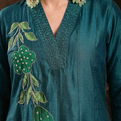 Stylum Women's Teal Solid & Embroidered Roman Silk A-Line Kurta Pant With Dupatta (KPDTEALNAWAL)
