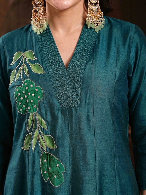 Stylum Women's Teal Solid & Embroidered Roman Silk A-Line Kurta Pant With Dupatta (KPDTEALNAWAL)