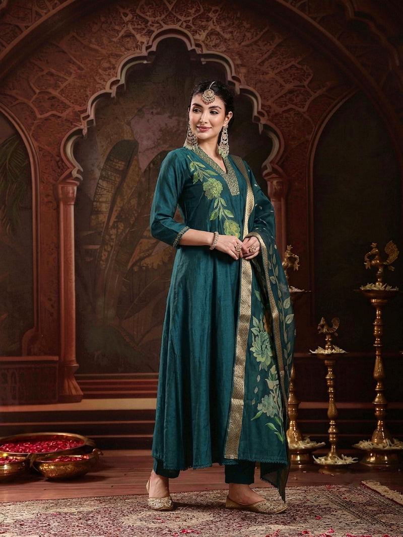 Stylum Women's Teal Solid & Embroidered Roman Silk A-Line Kurta Pant With Dupatta (KPDTEALNAWAL)