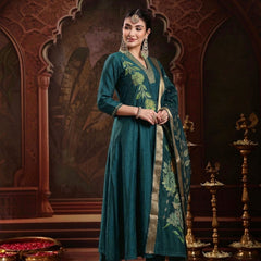 Stylum Women's Teal Solid & Embroidered Roman Silk A-Line Kurta Pant With Dupatta (KPDTEALNAWAL)