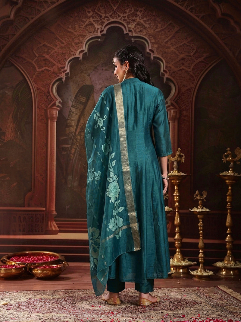 Stylum Women's Teal Solid & Embroidered Roman Silk A-Line Kurta Pant With Dupatta (KPDTEALNAWAL)