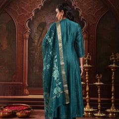Stylum Women's Teal Solid & Embroidered Roman Silk A-Line Kurta Pant With Dupatta (KPDTEALNAWAL)