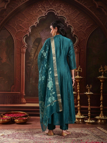 Stylum Women's Teal Solid & Embroidered Roman Silk A-Line Kurta Pant With Dupatta (KPDTEALNAWAL)