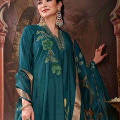 Stylum Women's Teal Solid & Embroidered Roman Silk A-Line Kurta Pant With Dupatta (KPDTEALNAWAL)
