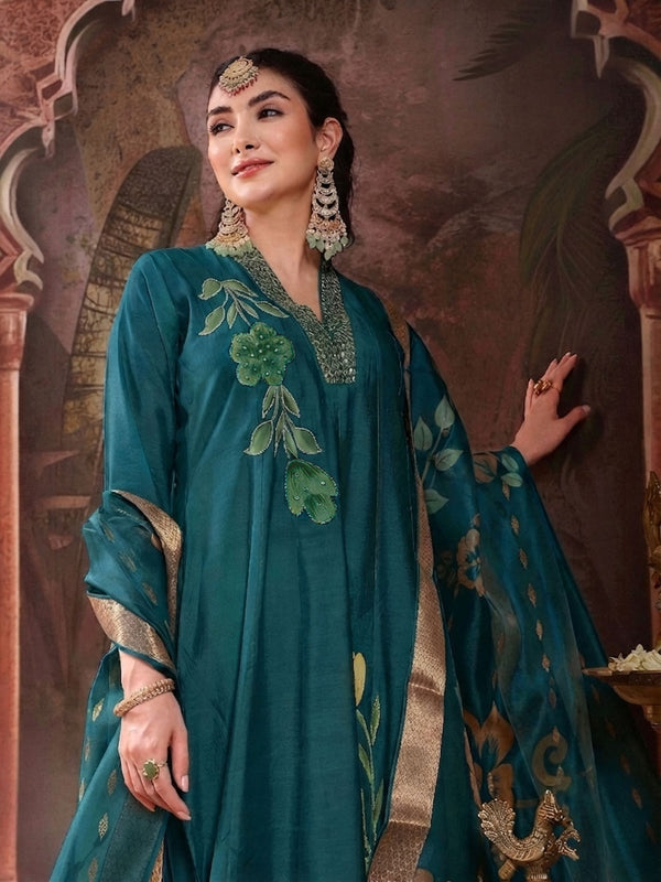 Stylum Women's Teal Solid & Embroidered Roman Silk A-Line Kurta Pant With Dupatta (KPDTEALNAWAL)