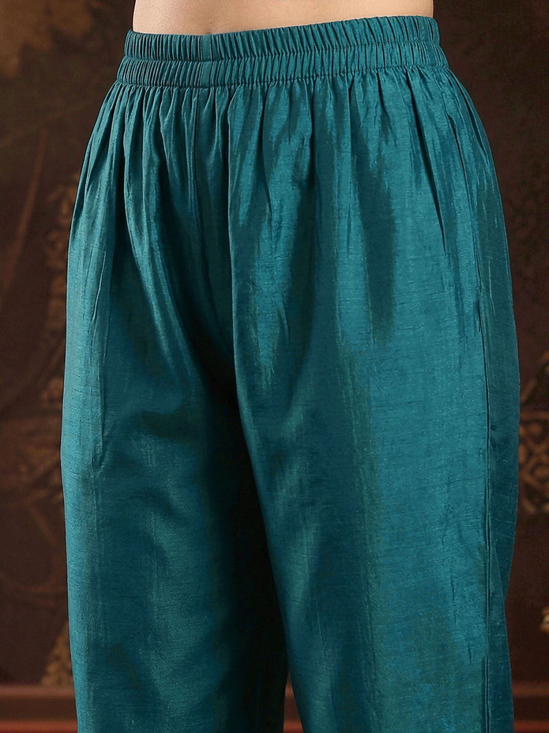 Stylum Women's Teal Solid & Embroidered Roman Silk A-Line Kurta Pant With Dupatta (KPDTEALNAWAL)