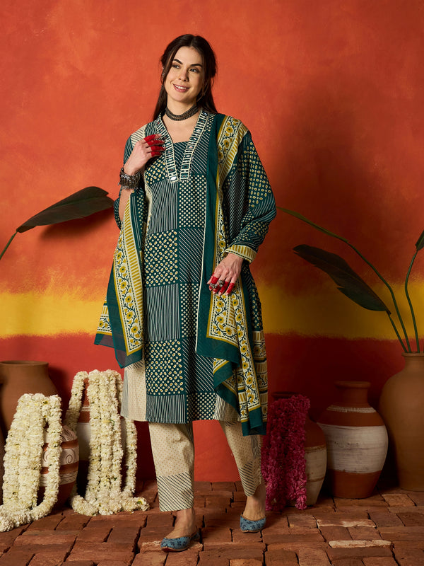 Stylum Women's Teal Printed Cotton Straight Kurta Pant Dupatta Set (KPDTEALROHTAK)