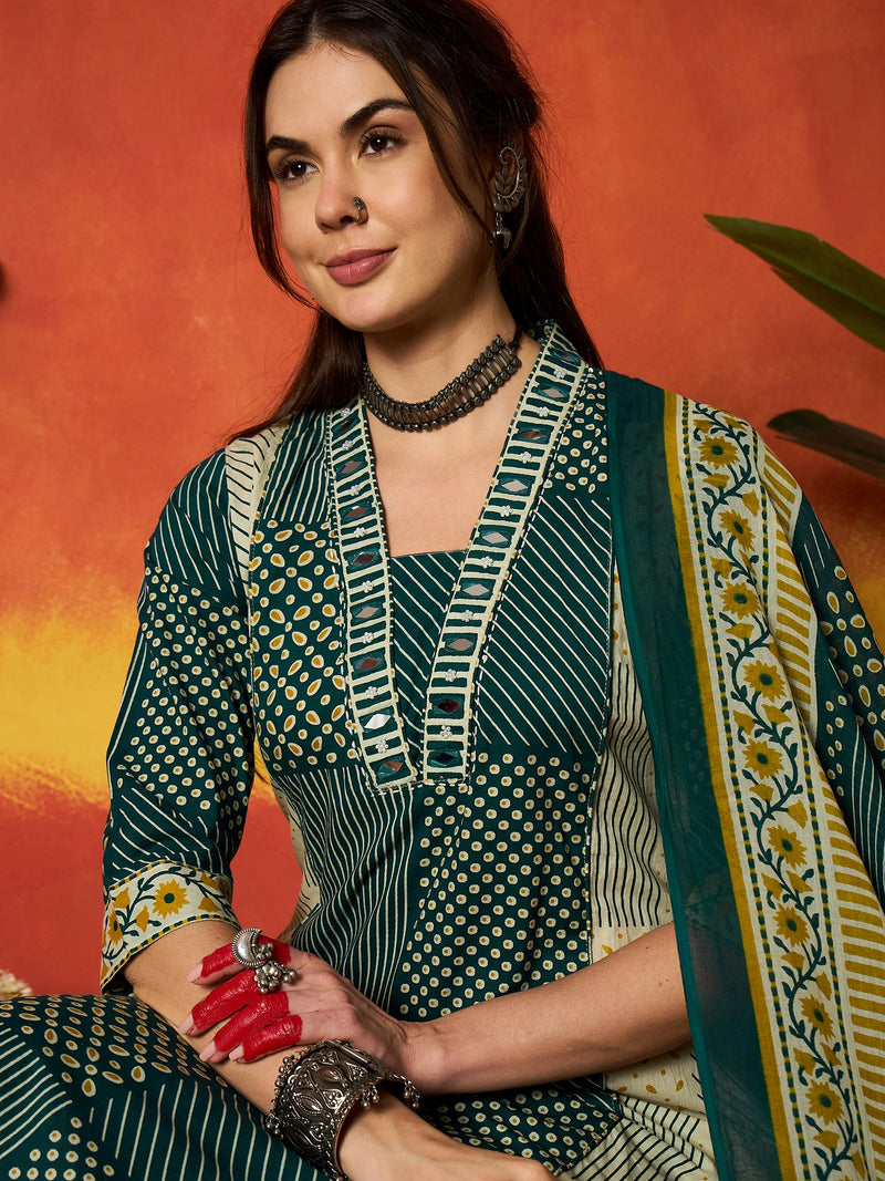Stylum Women's Teal Printed Cotton Straight Kurta Pant Dupatta Set (KPDTEALROHTAK)