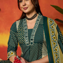 Stylum Women's Teal Printed Cotton Straight Kurta Pant Dupatta Set (KPDTEALROHTAK)
