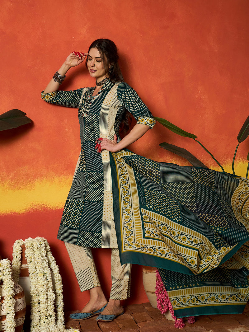 Stylum Women's Teal Printed Cotton Straight Kurta Pant Dupatta Set (KPDTEALROHTAK)