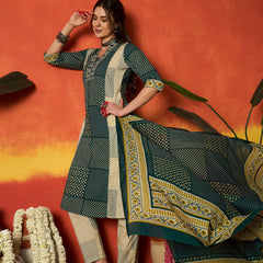 Stylum Women's Teal Printed Cotton Straight Kurta Pant Dupatta Set (KPDTEALROHTAK)