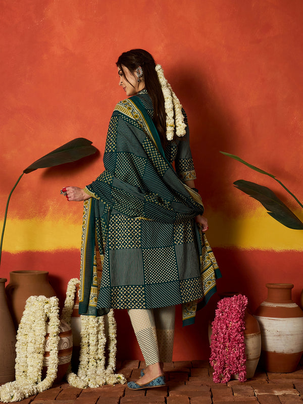 Stylum Women's Teal Printed Cotton Straight Kurta Pant Dupatta Set (KPDTEALROHTAK)