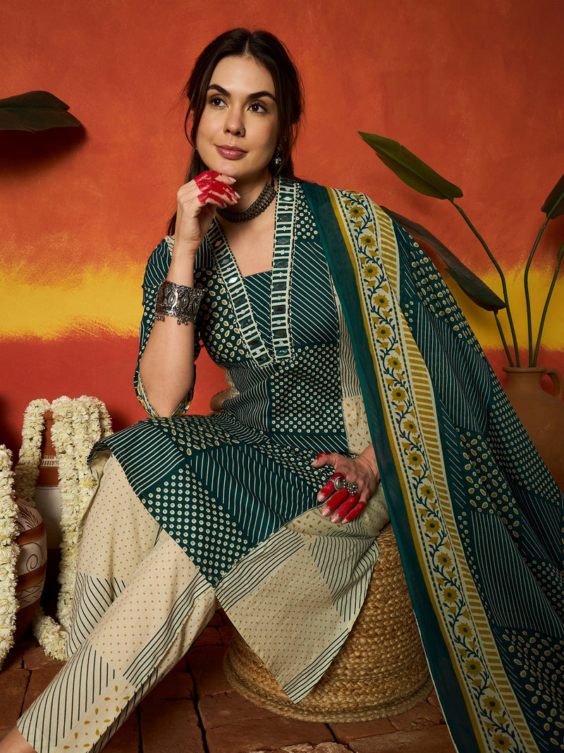 Stylum Women's Teal Printed Cotton Straight Kurta Pant Dupatta Set (KPDTEALROHTAK)