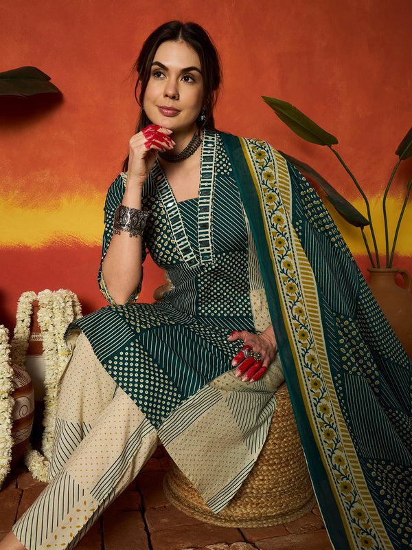 Stylum Women's Teal Printed Cotton Straight Kurta Pant Dupatta Set (KPDTEALROHTAK)