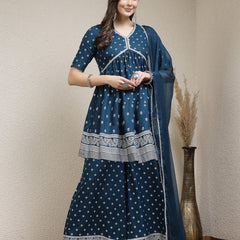 Stylum Women's Ethnic Motif Printed Naira Cut Rayon Kurta Palazzo Dupatta Set (KPDTEALSANJH)