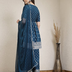 Stylum Women's Ethnic Motif Printed Naira Cut Rayon Kurta Palazzo Dupatta Set (KPDTEALSANJH)