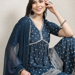 Stylum Women's Ethnic Motif Printed Naira Cut Rayon Kurta Palazzo Dupatta Set (KPDTEALSANJH)