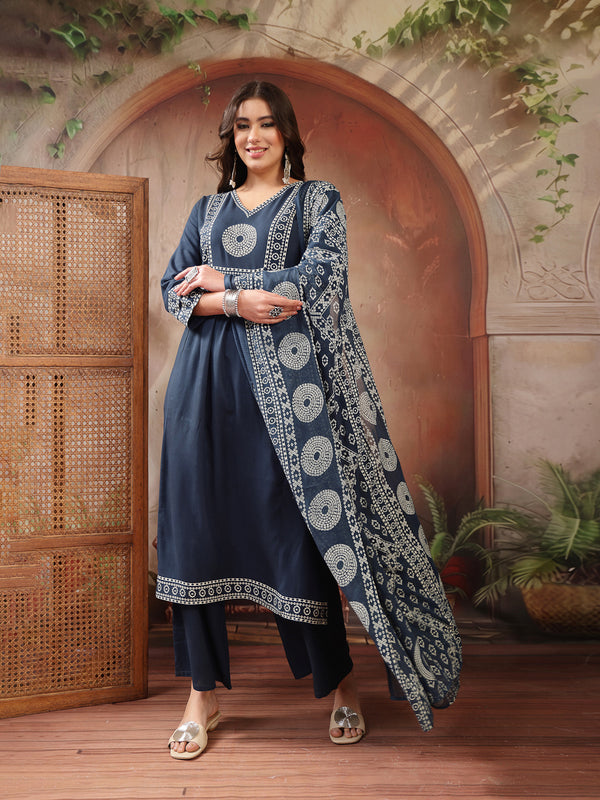 Stylum Women's Teal Solid Cotton A-Line Kurta Palazzo Dupatta Set (KPDTEALSNITCH)