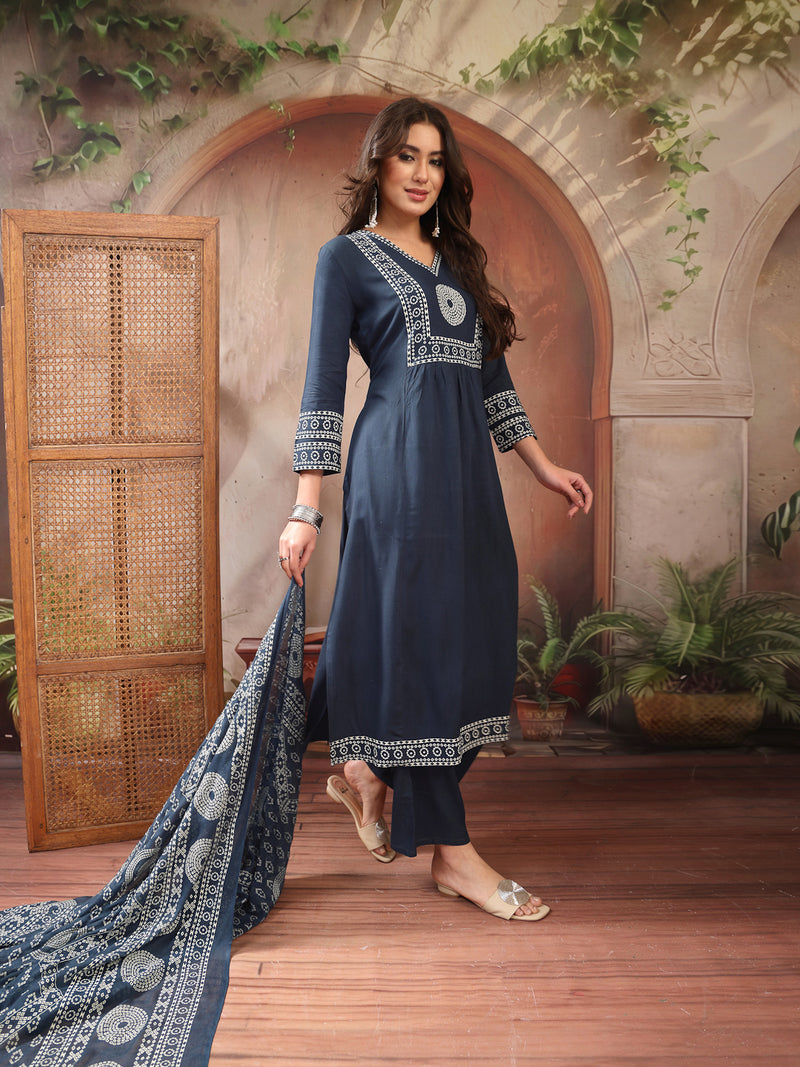 Stylum Women's Teal Solid Cotton A-Line Kurta Palazzo Dupatta Set (KPDTEALSNITCH)