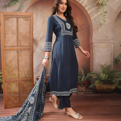 Stylum Women's Teal Solid Cotton A-Line Kurta Palazzo Dupatta Set (KPDTEALSNITCH)