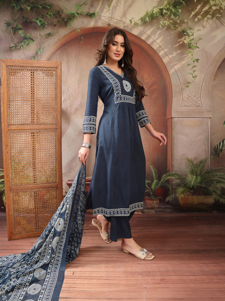Stylum Women's Teal Solid Cotton A-Line Kurta Palazzo Dupatta Set (KPDTEALSNITCH)