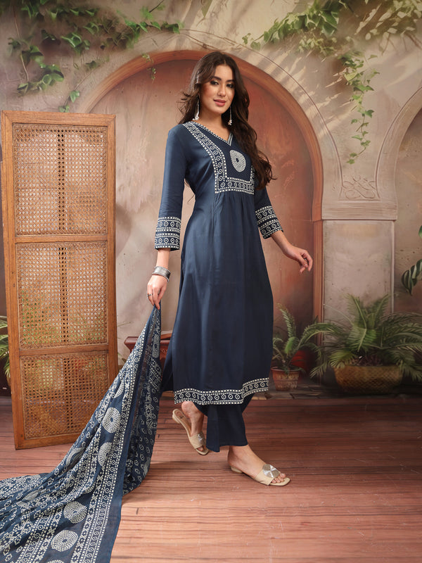 Stylum Women's Teal Solid Cotton A-Line Kurta Palazzo Dupatta Set (KPDTEALSNITCH)