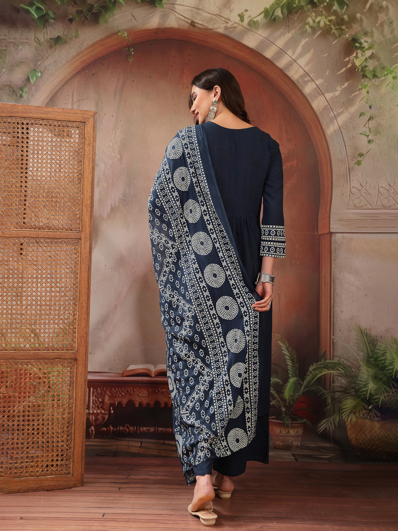 Stylum Women's Teal Solid Cotton A-Line Kurta Palazzo Dupatta Set (KPDTEALSNITCH)