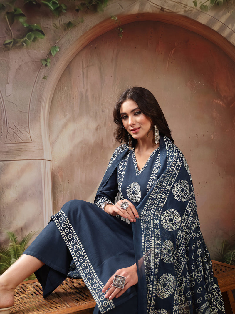 Stylum Women's Teal Solid Cotton A-Line Kurta Palazzo Dupatta Set (KPDTEALSNITCH)