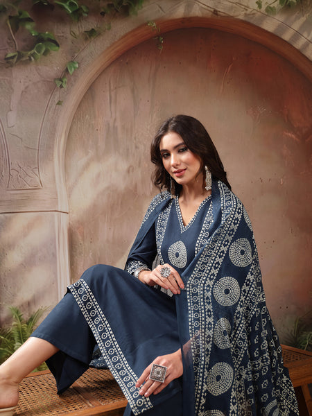 Stylum Women's Teal Solid Cotton A-Line Kurta Palazzo Dupatta Set (KPDTEALSNITCH)