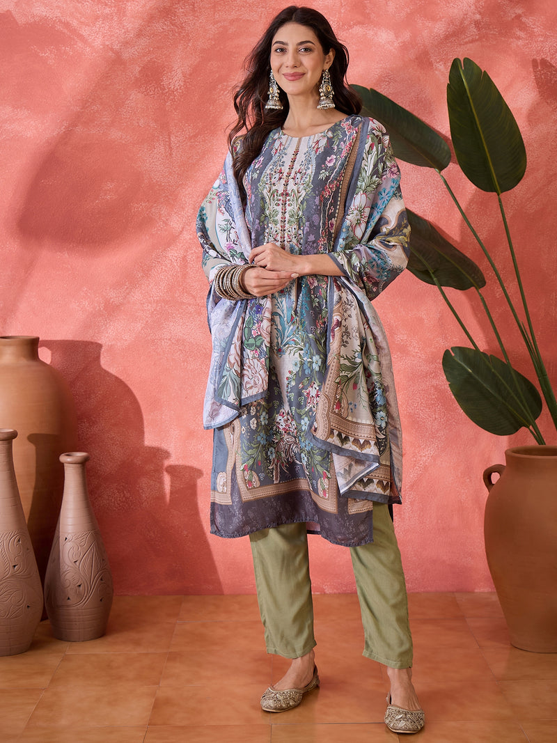 Stylum Women's Teal Mirror Work Muslin Straight Pakistani Kurta Pant Dupatta Set (KPDTEALTEENA)