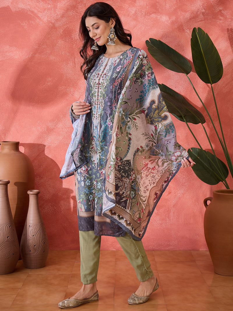 Stylum Women's Teal Mirror Work Muslin Straight Pakistani Kurta Pant Dupatta Set (KPDTEALTEENA)