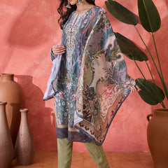 Stylum Women's Teal Mirror Work Muslin Straight Pakistani Kurta Pant Dupatta Set (KPDTEALTEENA)