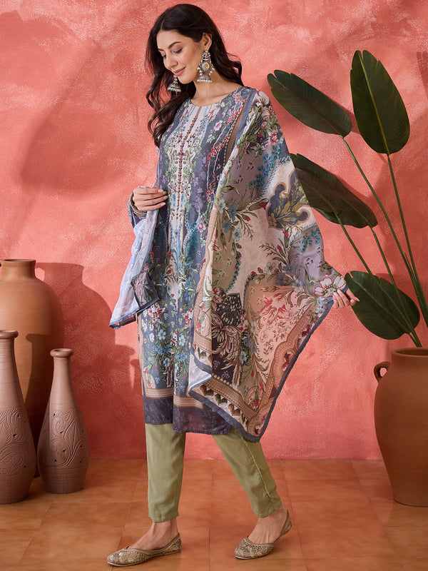 Stylum Women's Teal Mirror Work Muslin Straight Pakistani Kurta Pant Dupatta Set (KPDTEALTEENA)