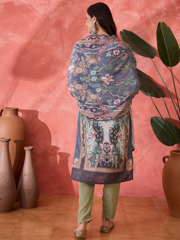 Stylum Women's Teal Mirror Work Muslin Straight Pakistani Kurta Pant Dupatta Set (KPDTEALTEENA)