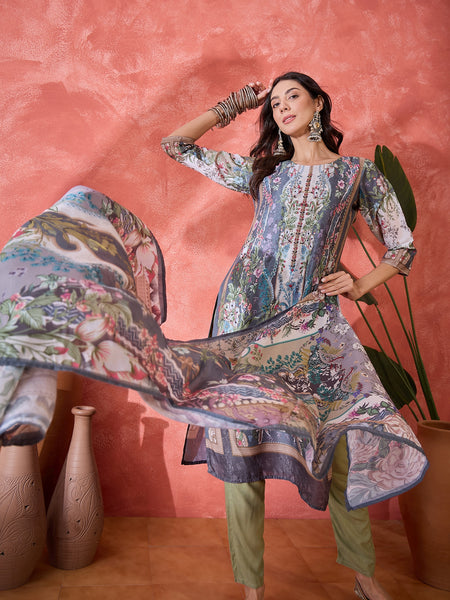 Stylum Women's Teal Mirror Work Muslin Straight Pakistani Kurta Pant Dupatta Set (KPDTEALTEENA)