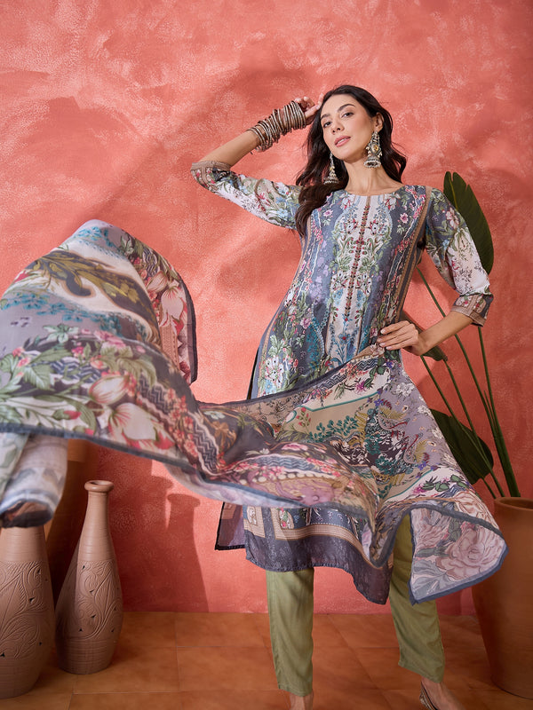 Stylum Women's Teal Mirror Work Muslin Straight Pakistani Kurta Pant Dupatta Set (KPDTEALTEENA)