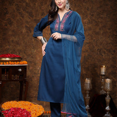 Stylum Women's Teal Solid & Embroidered Italian Crush Straight Kurta Pant Dupatta Set (KPDTEALVOOMA)