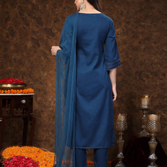 Stylum Women's Teal Solid & Embroidered Italian Crush Straight Kurta Pant Dupatta Set (KPDTEALVOOMA)