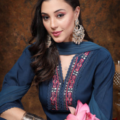 Stylum Women's Teal Solid & Embroidered Italian Crush Straight Kurta Pant Dupatta Set (KPDTEALVOOMA)